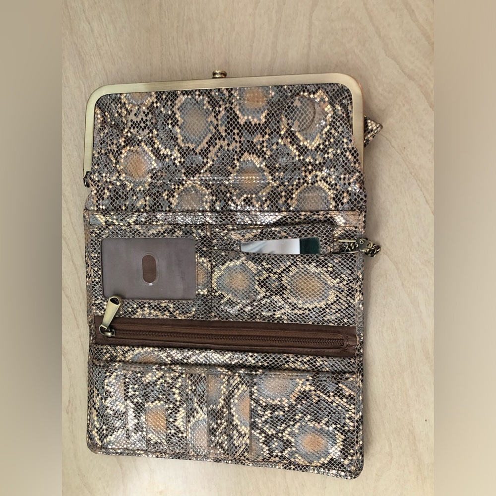 Snake-Print Women's Wallet Clutch - Metallic Taupe